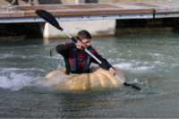 Man crosses sea in pumpkin